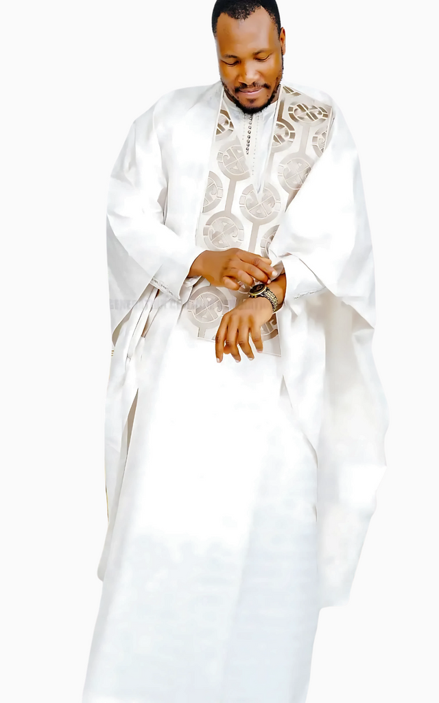 Boubou homme blanc brodé Ensemble en 3 pièces noir et blanc main image 1