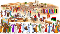 Un groupe de danseurs africains en tenue traditionnelle célèbre un festival important en Afrique en plein air.
