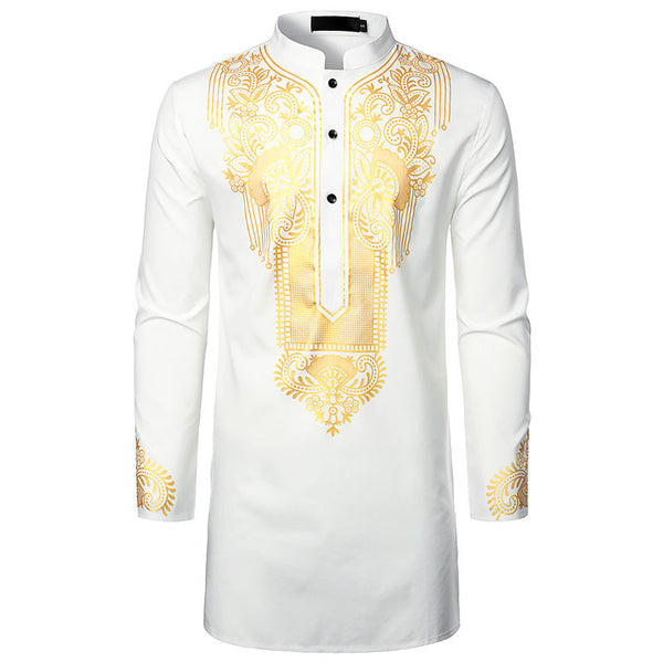 Chemise Africaine Longue Blanche Et Dorée