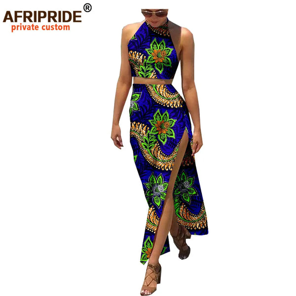 African Style Summer 2 Pieces Shorts Set for Women AFRIPRIDE Sleeveless Ruffles Top+Ankle-Length Skirt Women Set A1926004