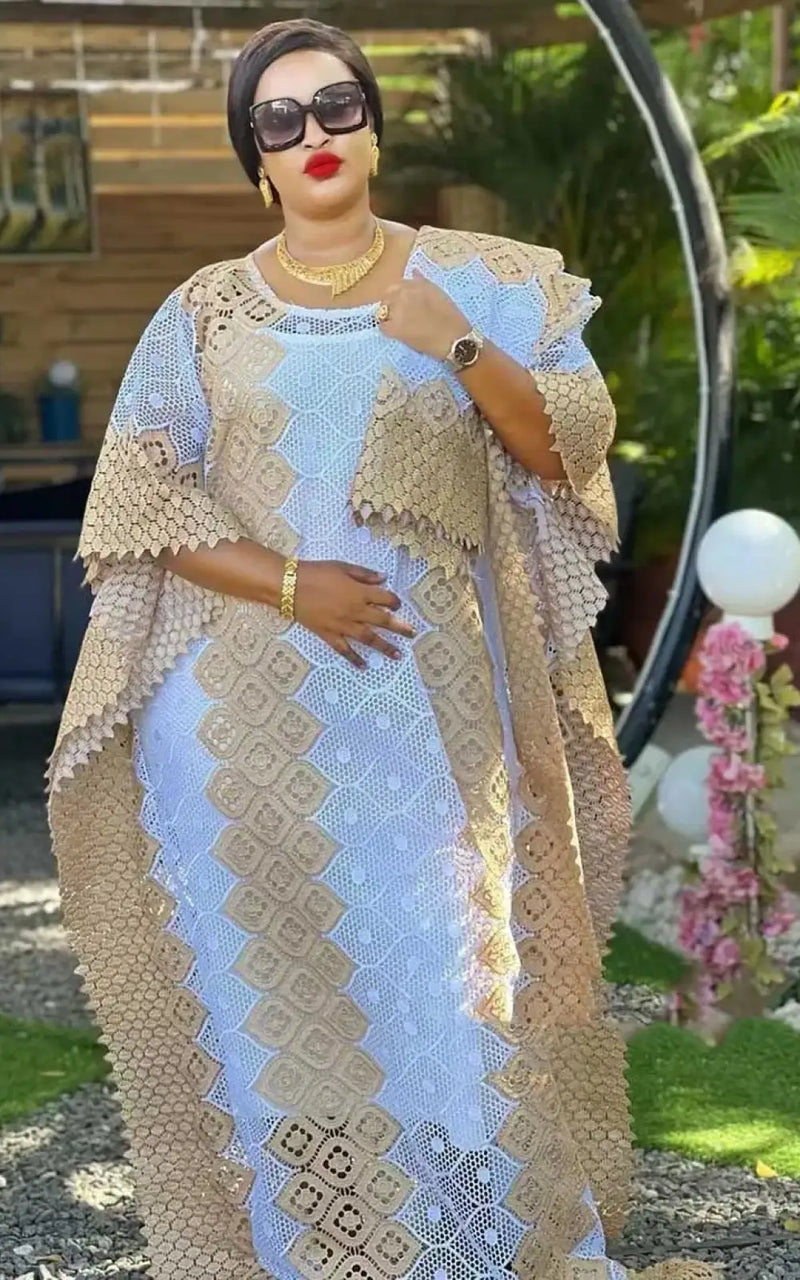 Boubou Africain Dentelle Blanc Et Doree Afro Elegance