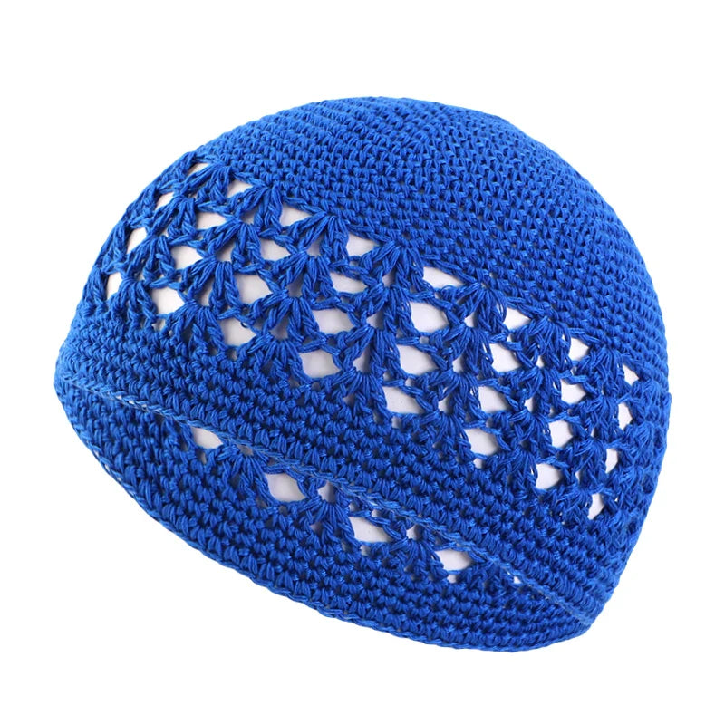 Kufi Bleu Plissé – Bonnet Traditionnel Homme, Coton Et Polyester, Ajusté, Neuf Avec étiquettes