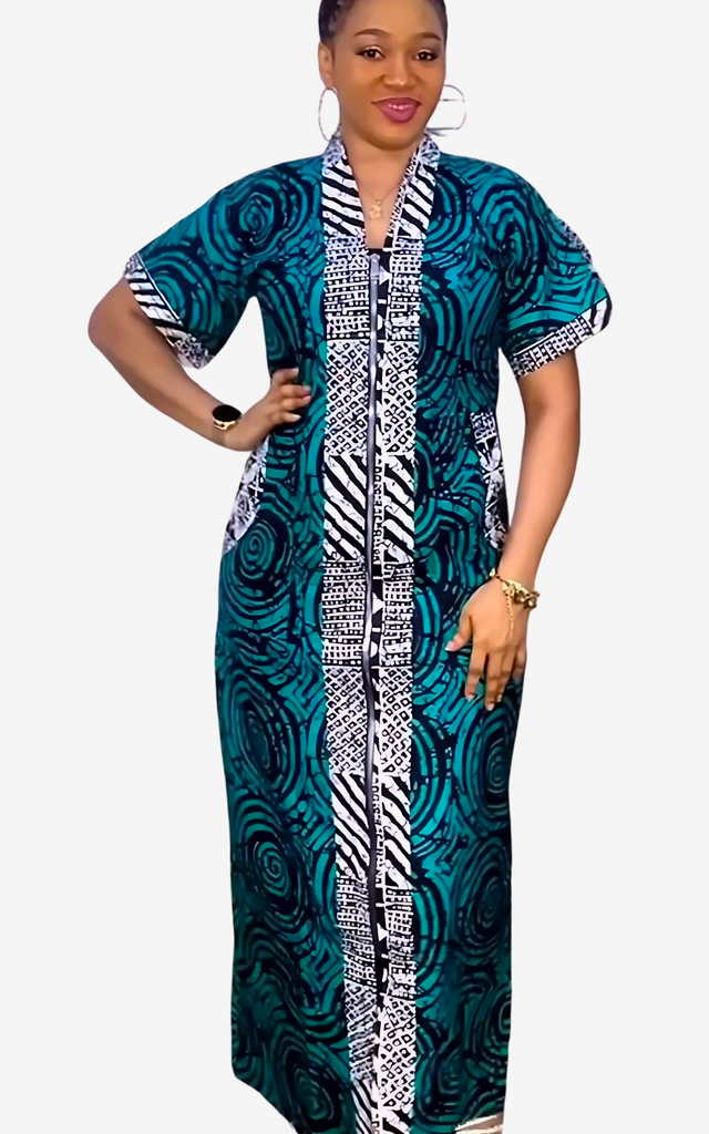 Robe Boubou Chanel Femme en Pagne Tissé Bleu Marine - Élégance Ethnique et Confort