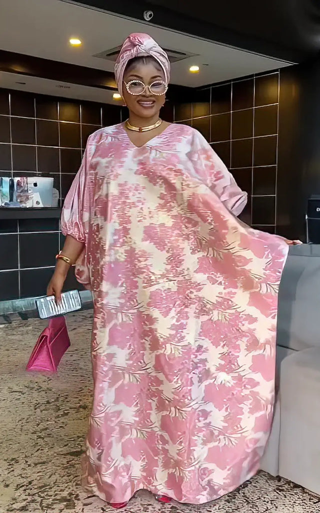 Robe Boubou Africaine Rose Col V – Afro Élégance